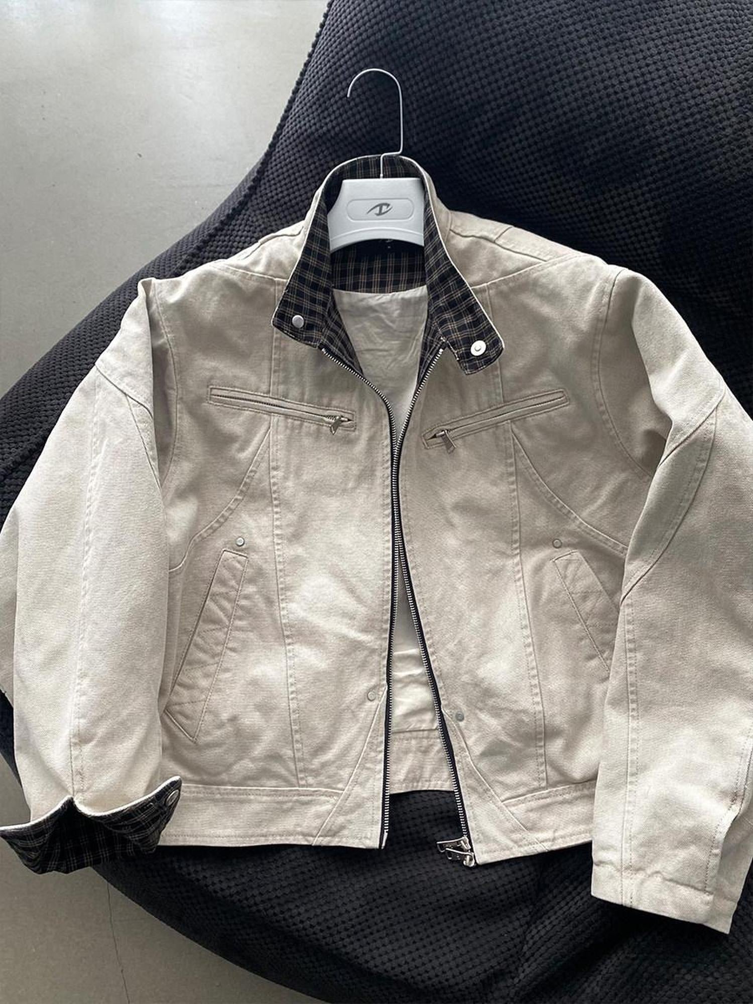 CATSSTAC Loose Fit Zip Front Stand Collar Unisex Casual Solid Cropped Jackets