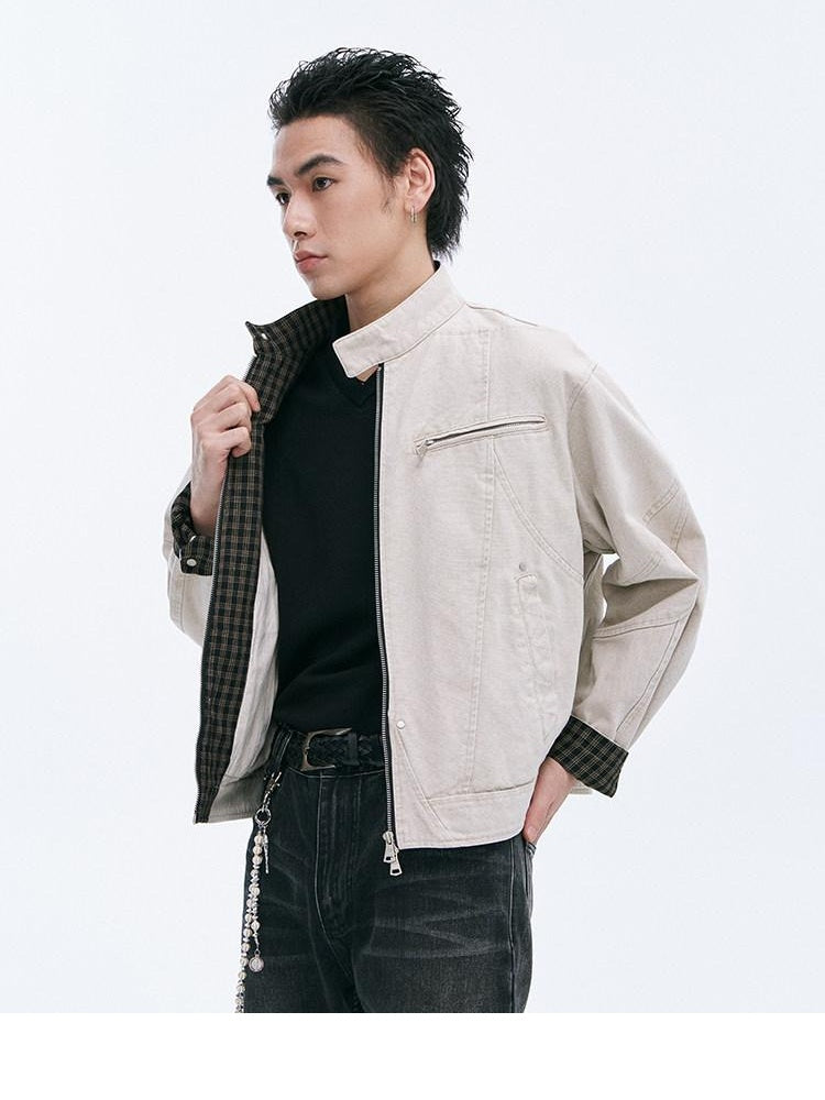 CATSSTAC Loose Fit Zip Front Stand Collar Unisex Casual Solid Cropped Jackets