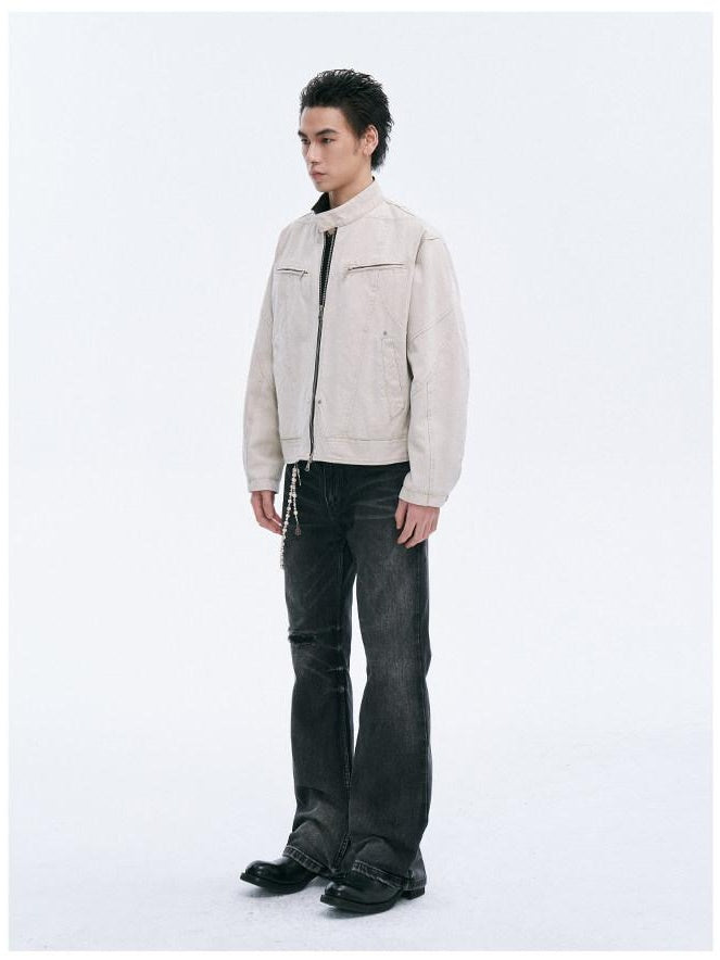 CATSSTAC Loose Fit Zip Front Stand Collar Unisex Casual Solid Cropped Jackets
