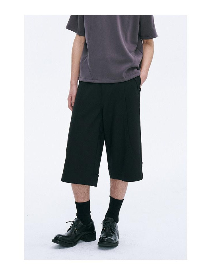 CATSSTAC Loose Straight Cropped Mid Rise Zipper Fly Youth Casual Black Tailored Shorts