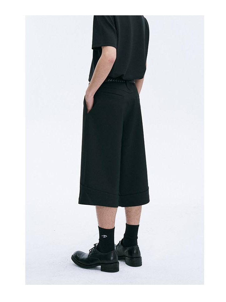 CATSSTAC Loose Straight Cropped Mid Rise Zipper Fly Youth Casual Black Tailored Shorts