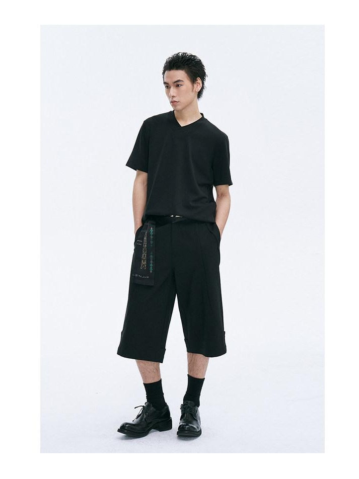 CATSSTAC Loose Straight Cropped Mid Rise Zipper Fly Youth Casual Black Tailored Shorts