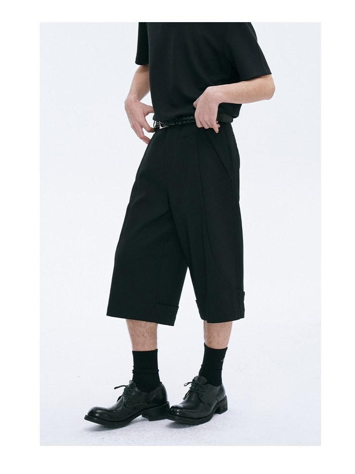 CATSSTAC Loose Straight Cropped Mid Rise Zipper Fly Youth Casual Black Tailored Shorts