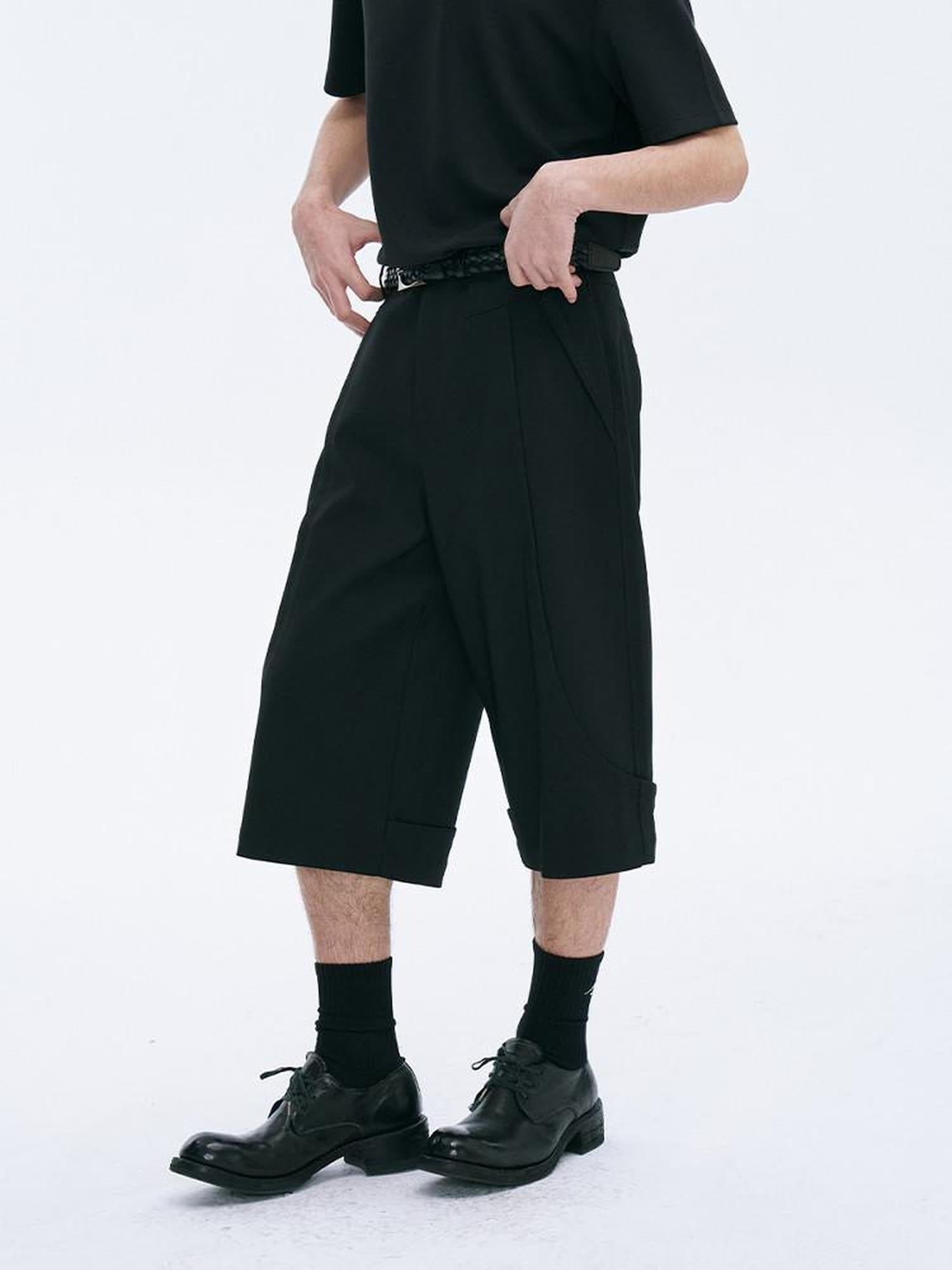CATSSTAC Loose Straight Cropped Mid Rise Zipper Fly Youth Casual Black Tailored Shorts