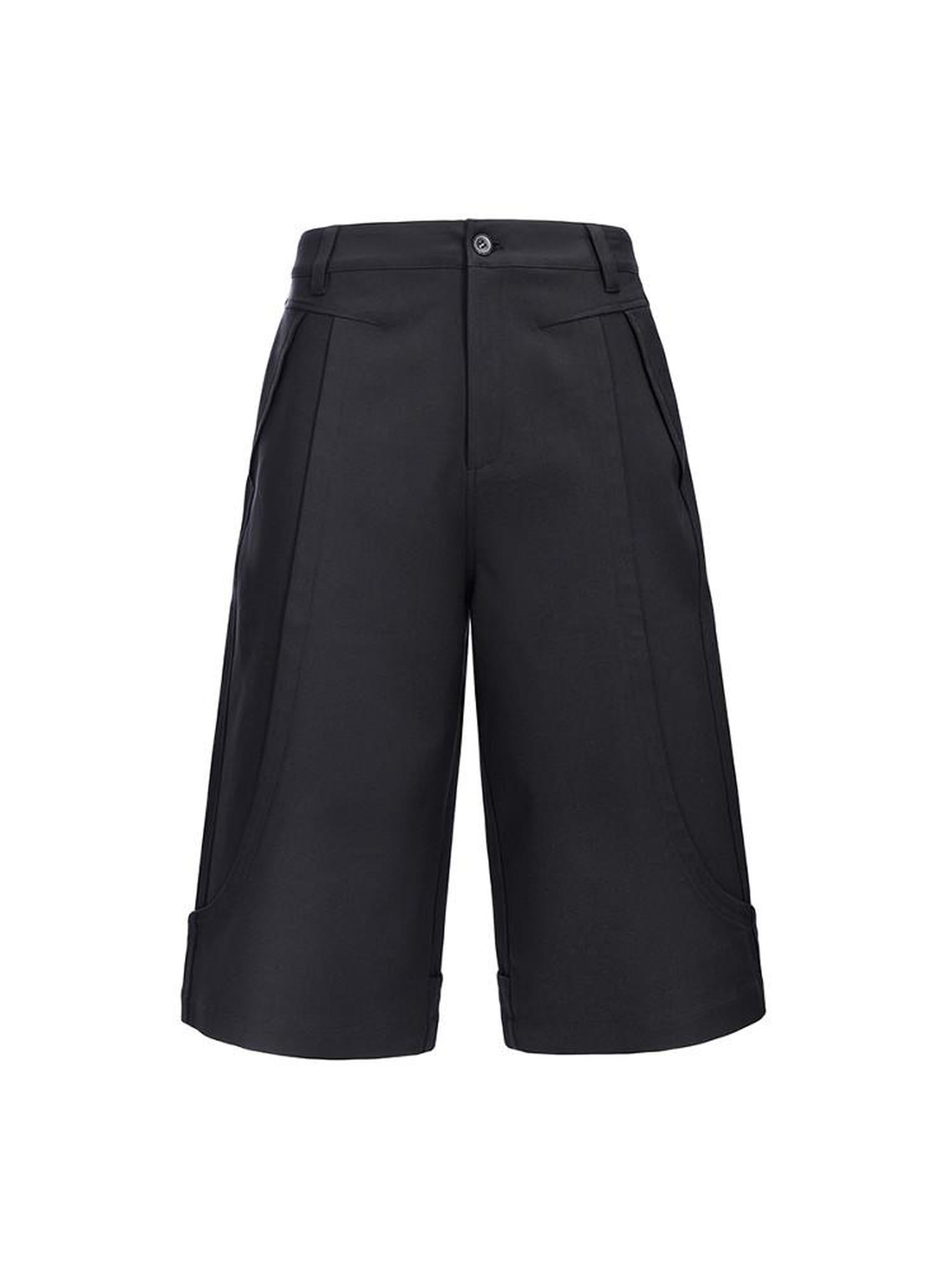 CATSSTAC Loose Straight Cropped Mid Rise Zipper Fly Youth Casual Black Tailored Shorts