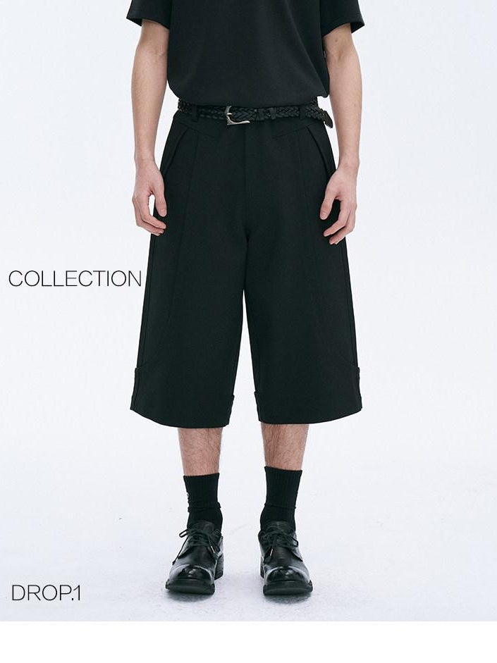 CATSSTAC Loose Straight Cropped Mid Rise Zipper Fly Youth Casual Black Tailored Shorts