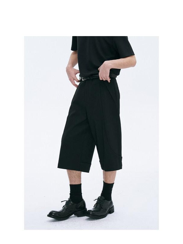 CATSSTAC Loose Straight Cropped Mid Rise Zipper Fly Youth Casual Black Tailored Shorts