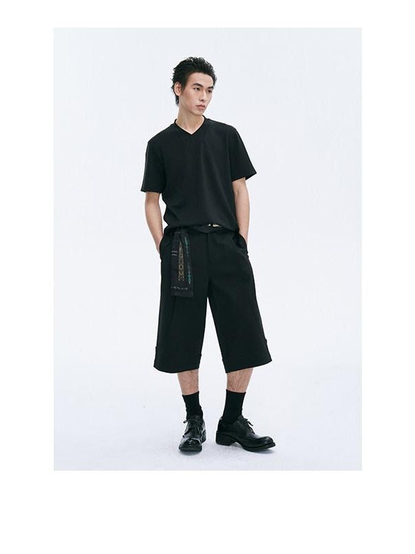 CATSSTAC Loose Straight Cropped Mid Rise Zipper Fly Youth Casual Black Tailored Shorts