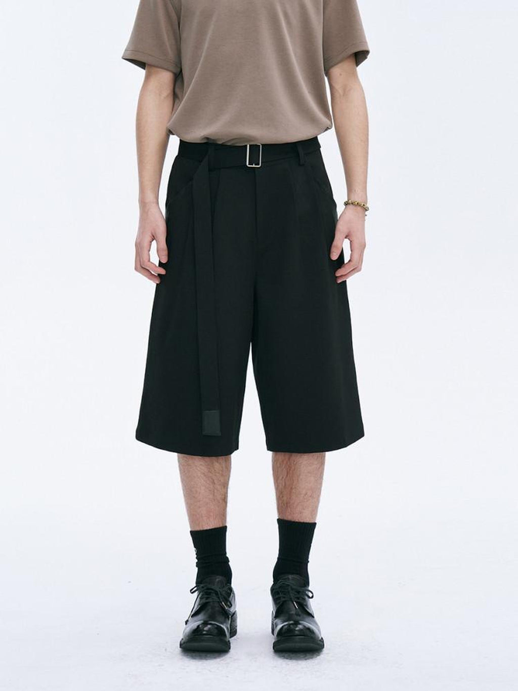 CATSSTAC Machine Washable Loose Fit Leather Cool Youth Casual Black Gray Tailored Shorts