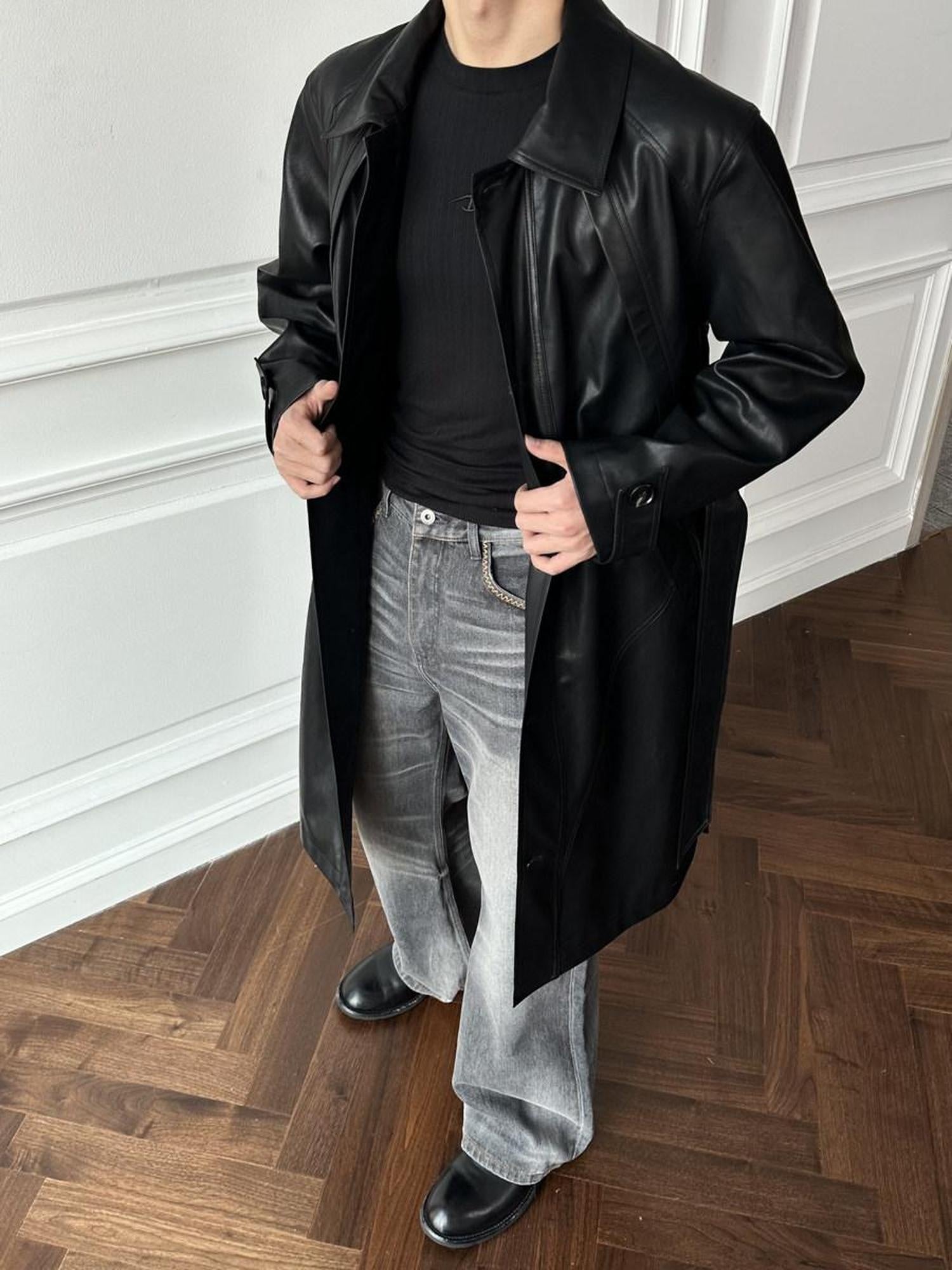 CATSSTAC Matte Pu Oversized Minimalist Longline Lapel Unisex Black Trench Coats