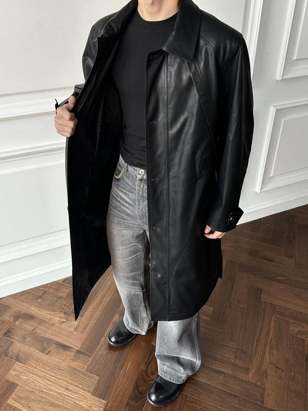 CATSSTAC Matte Pu Oversized Minimalist Longline Lapel Unisex Black Trench Coats