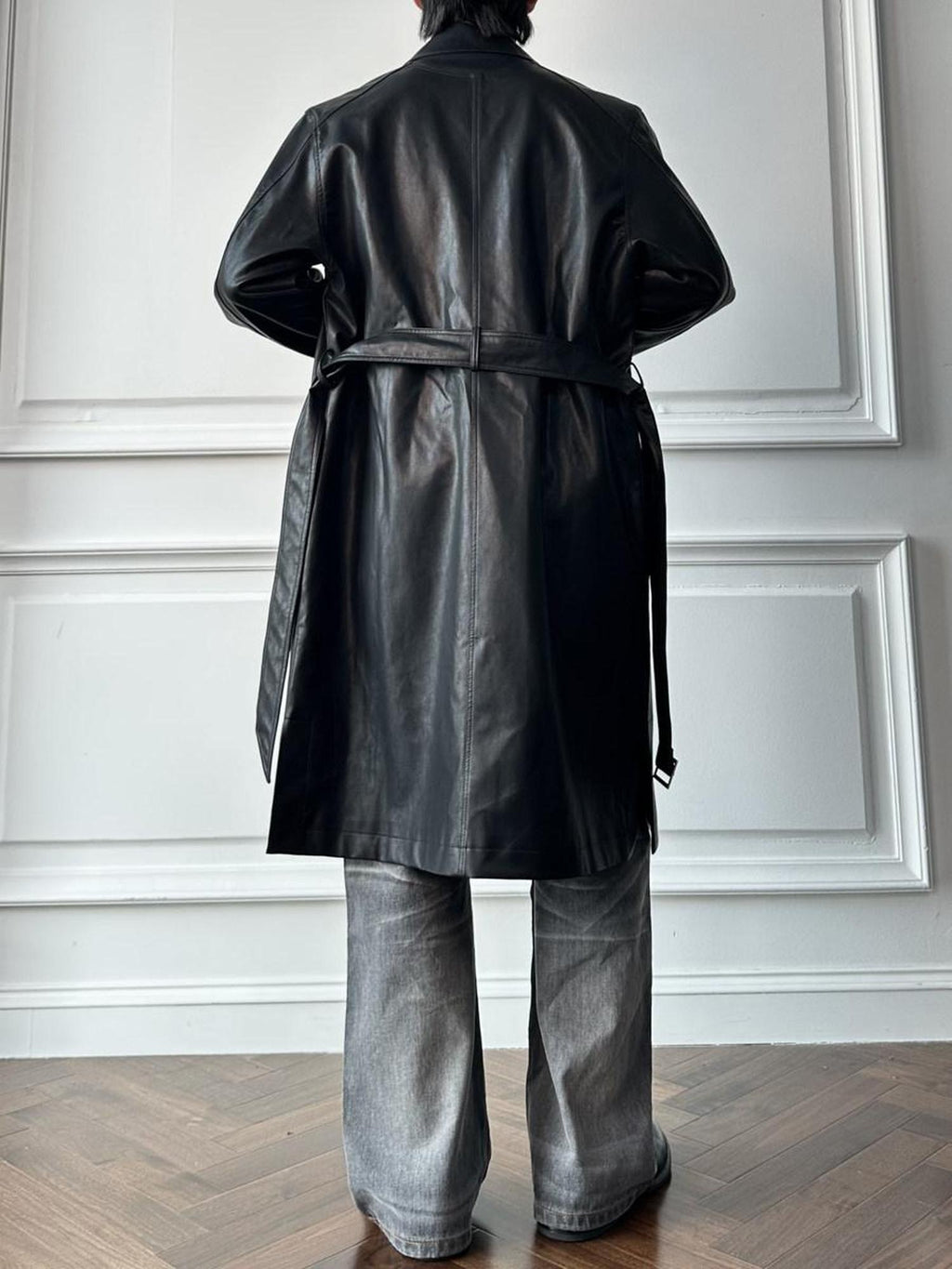 CATSSTAC Matte Pu Oversized Minimalist Longline Lapel Unisex Black Trench Coats