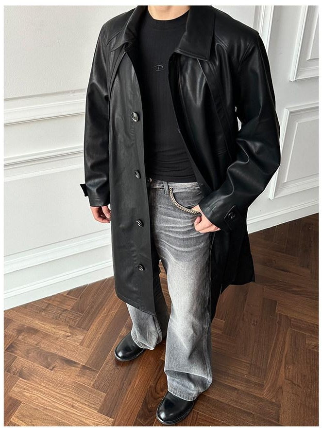 CATSSTAC Matte Pu Oversized Minimalist Longline Lapel Unisex Black Trench Coats
