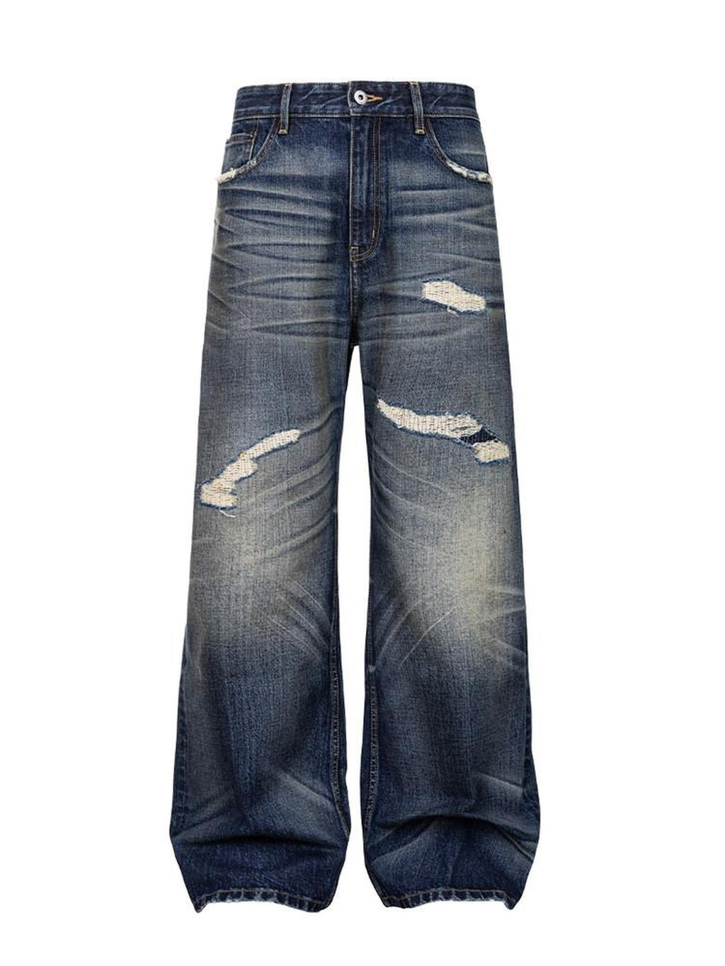 CATSSTAC Mid Rise Distressed Relaxed Fit Cotton Button Fly Commuting Blue Wide Leg Jeans