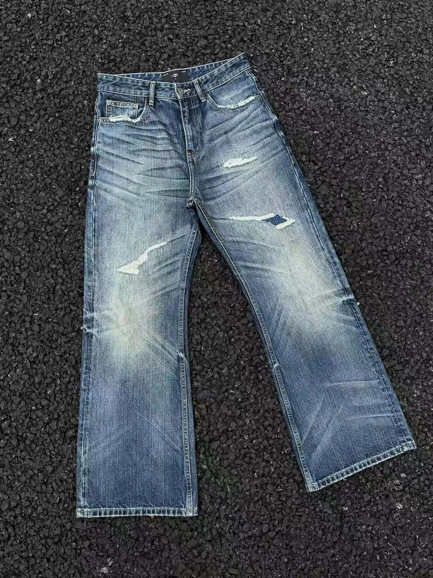 CATSSTAC Mid Rise Distressed Relaxed Fit Cotton Button Fly Commuting Blue Wide Leg Jeans