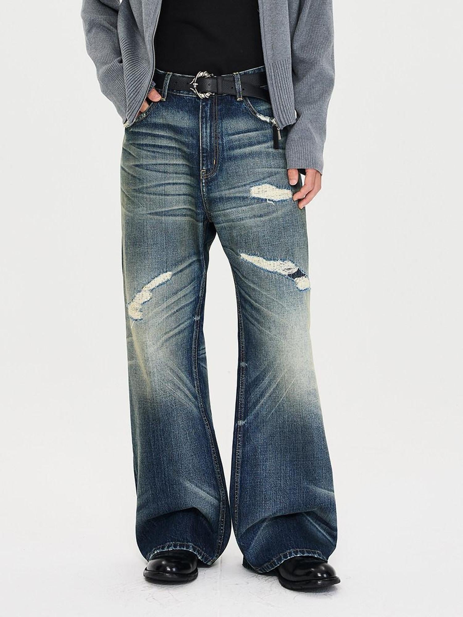 CATSSTAC Mid Rise Distressed Relaxed Fit Cotton Button Fly Commuting Blue Wide Leg Jeans