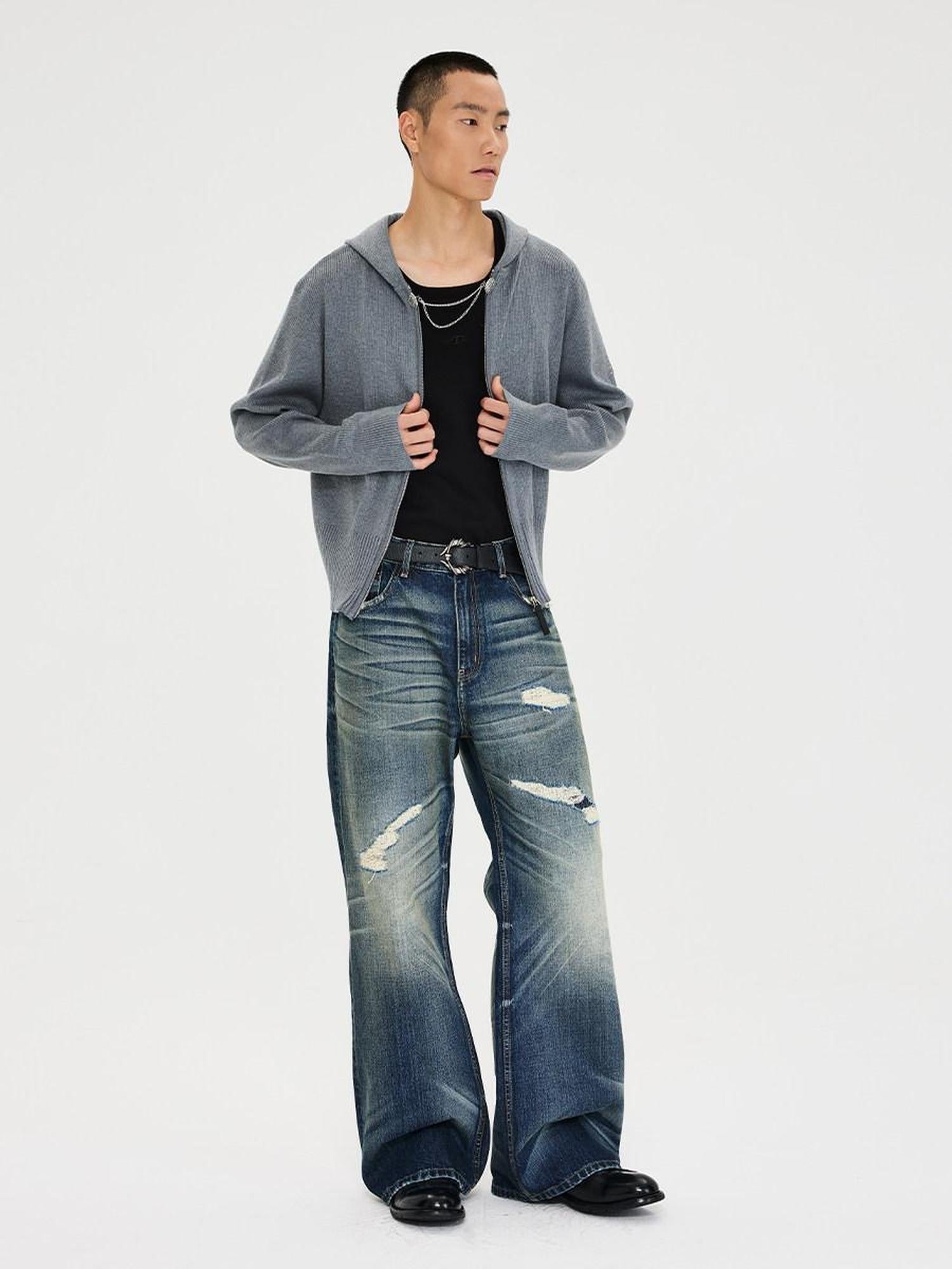 CATSSTAC Mid Rise Distressed Relaxed Fit Cotton Button Fly Commuting Blue Wide Leg Jeans