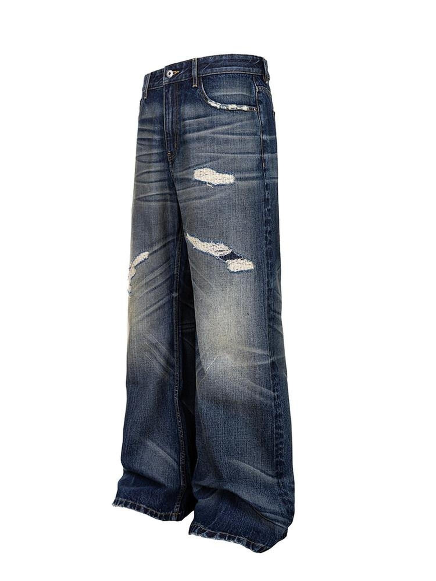CATSSTAC Mid Rise Distressed Relaxed Fit Cotton Button Fly Commuting Blue Wide Leg Jeans