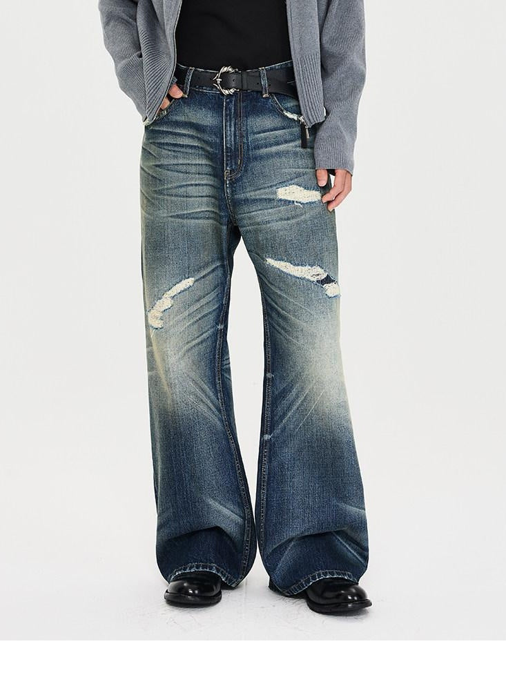 CATSSTAC Mid Rise Distressed Relaxed Fit Cotton Button Fly Commuting Blue Wide Leg Jeans