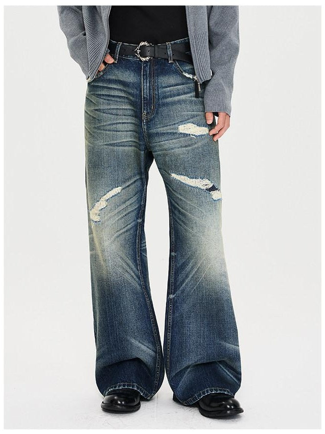 CATSSTAC Mid Rise Distressed Relaxed Fit Cotton Button Fly Commuting Blue Wide Leg Jeans