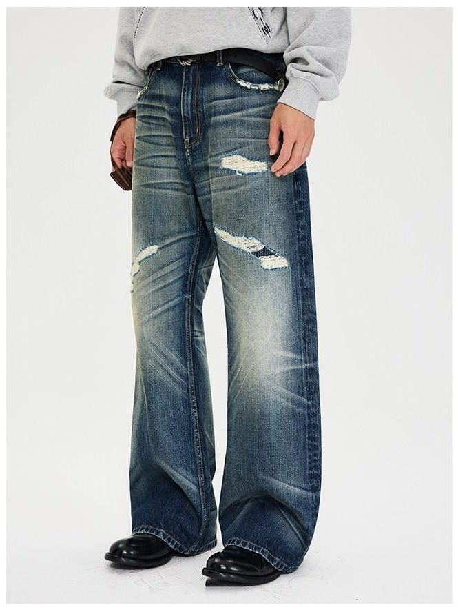 CATSSTAC Mid Rise Distressed Relaxed Fit Cotton Button Fly Commuting Blue Wide Leg Jeans