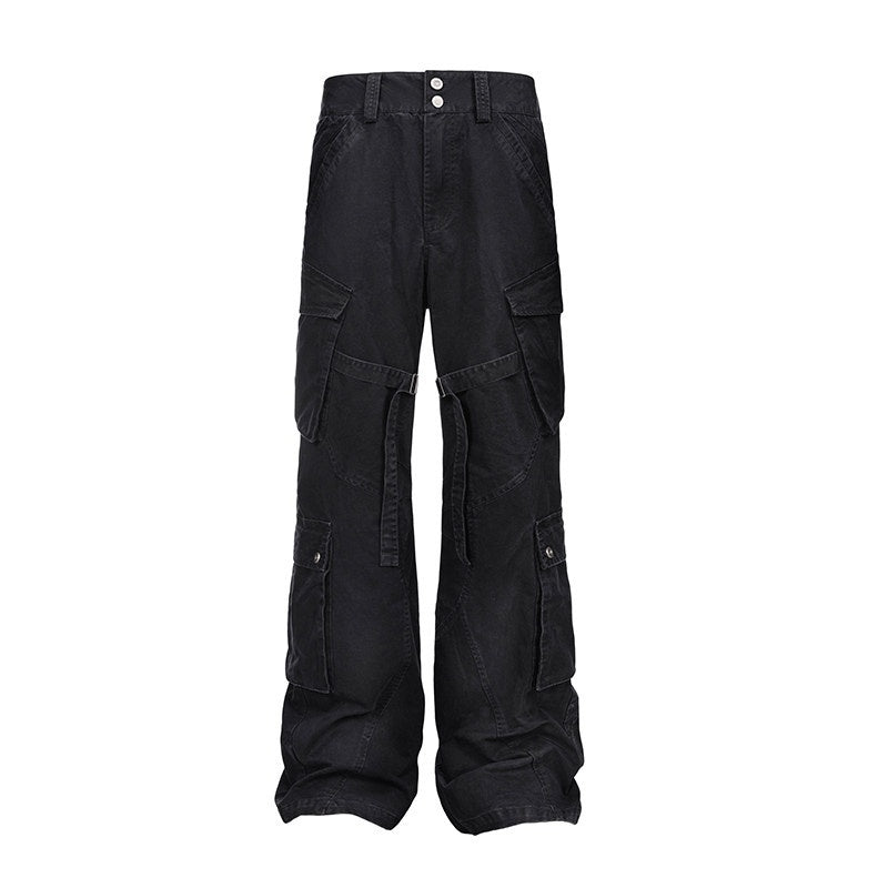 CATSSTAC Multi Pocket Washed Cotton Mid Rise Relaxed Fit Casual Outdoor Straight Pants