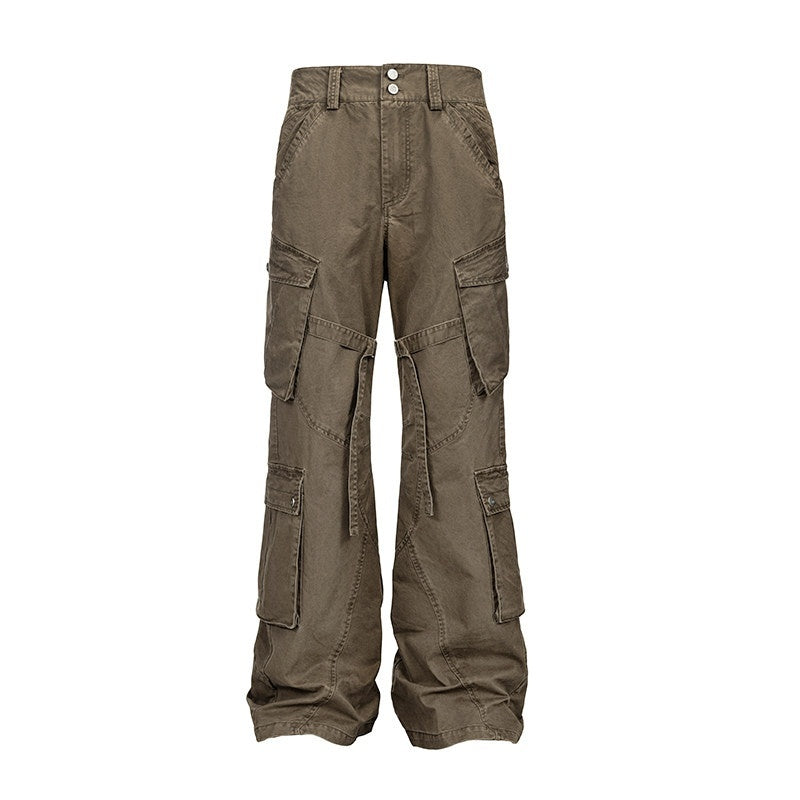 CATSSTAC Multi Pocket Washed Cotton Mid Rise Relaxed Fit Casual Outdoor Straight Pants