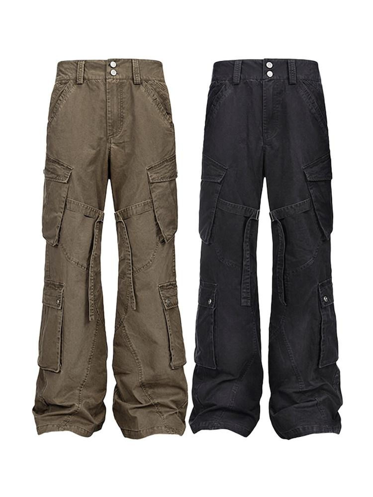 CATSSTAC Multi Pocket Washed Cotton Mid Rise Relaxed Fit Casual Outdoor Straight Pants