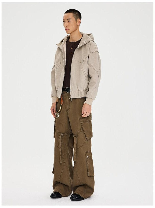 CATSSTAC Multi Pocket Washed Cotton Mid Rise Relaxed Fit Casual Outdoor Straight Pants