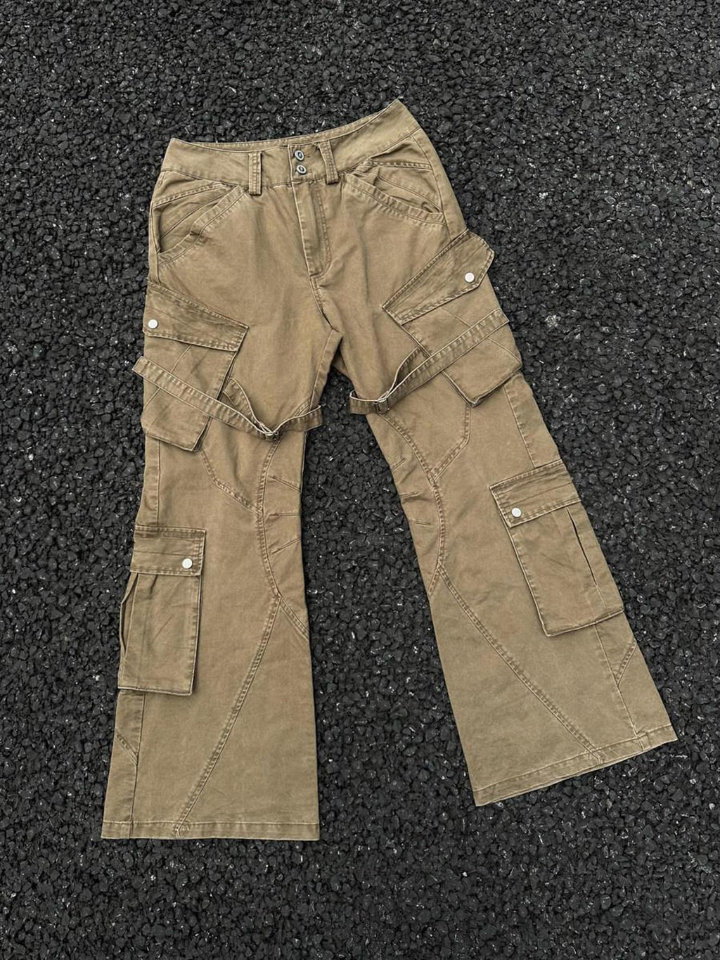 CATSSTAC Multi Pocket Washed Cotton Mid Rise Relaxed Fit Casual Outdoor Straight Pants