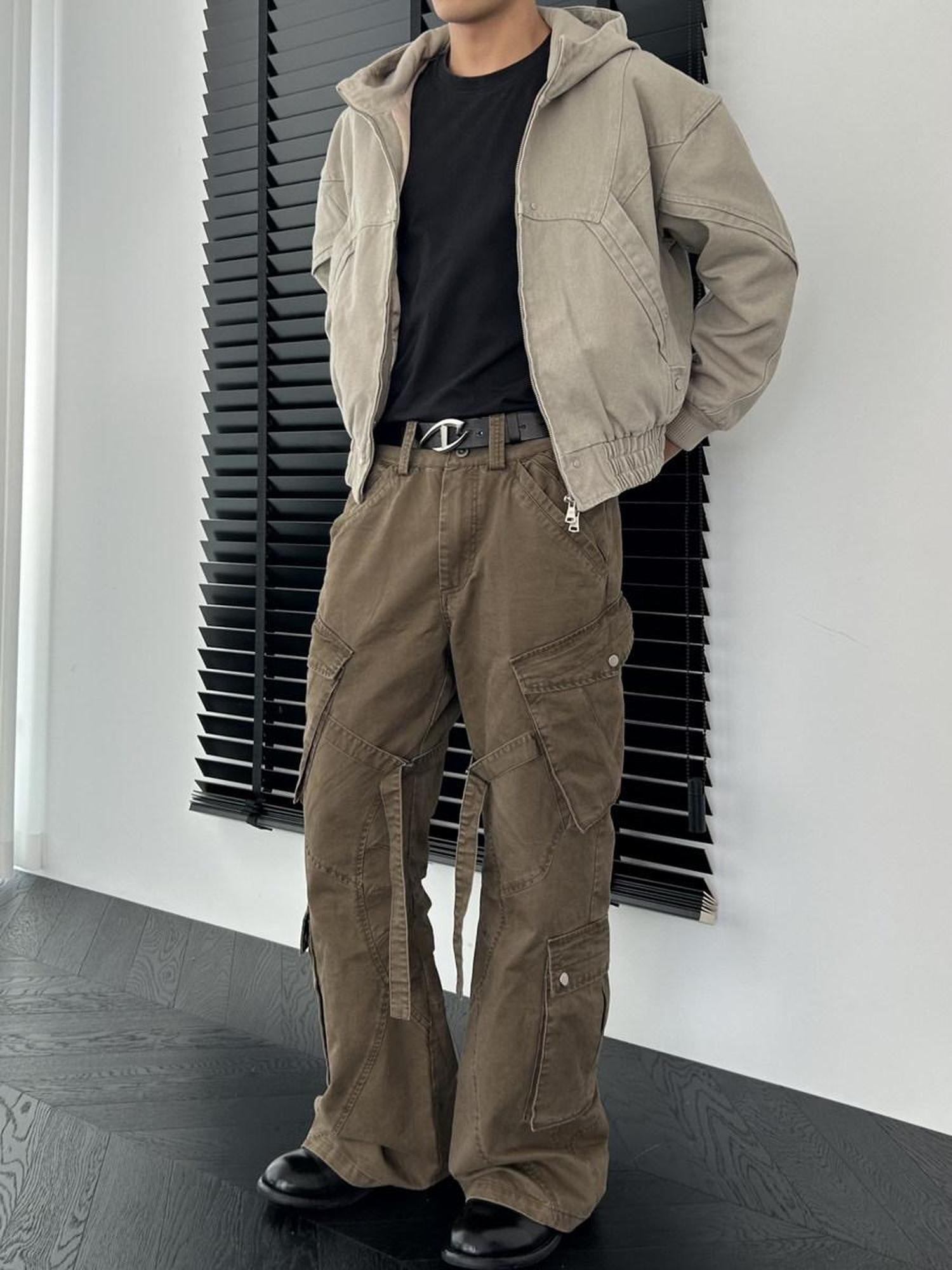 CATSSTAC Multi Pocket Washed Cotton Mid Rise Relaxed Fit Casual Outdoor Straight Pants