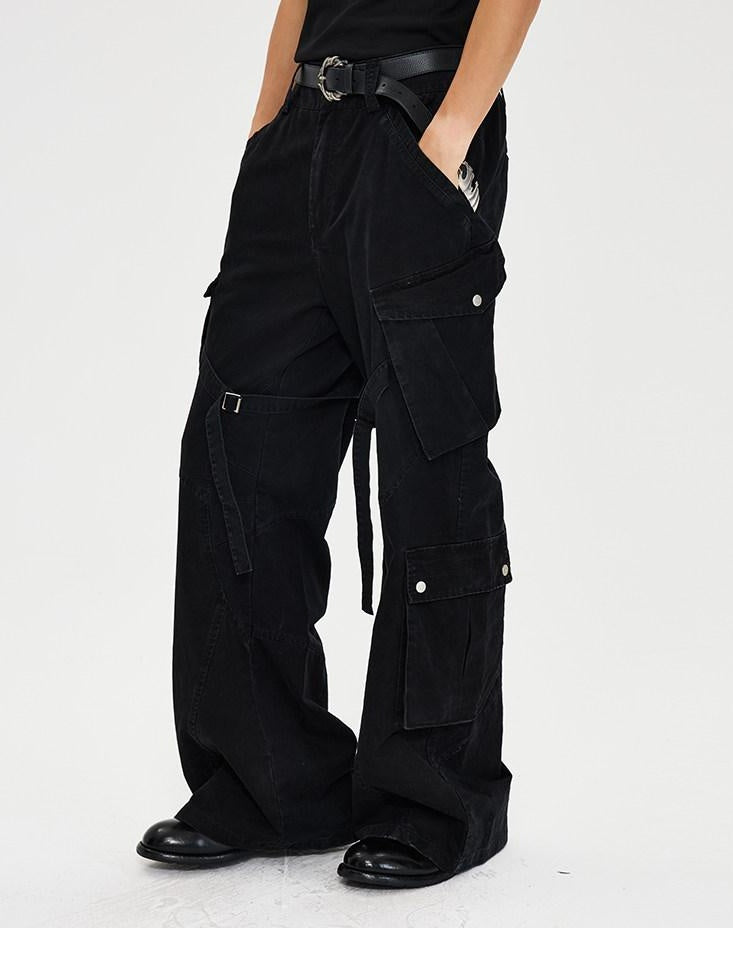 CATSSTAC Multi Pocket Washed Cotton Mid Rise Relaxed Fit Casual Outdoor Straight Pants
