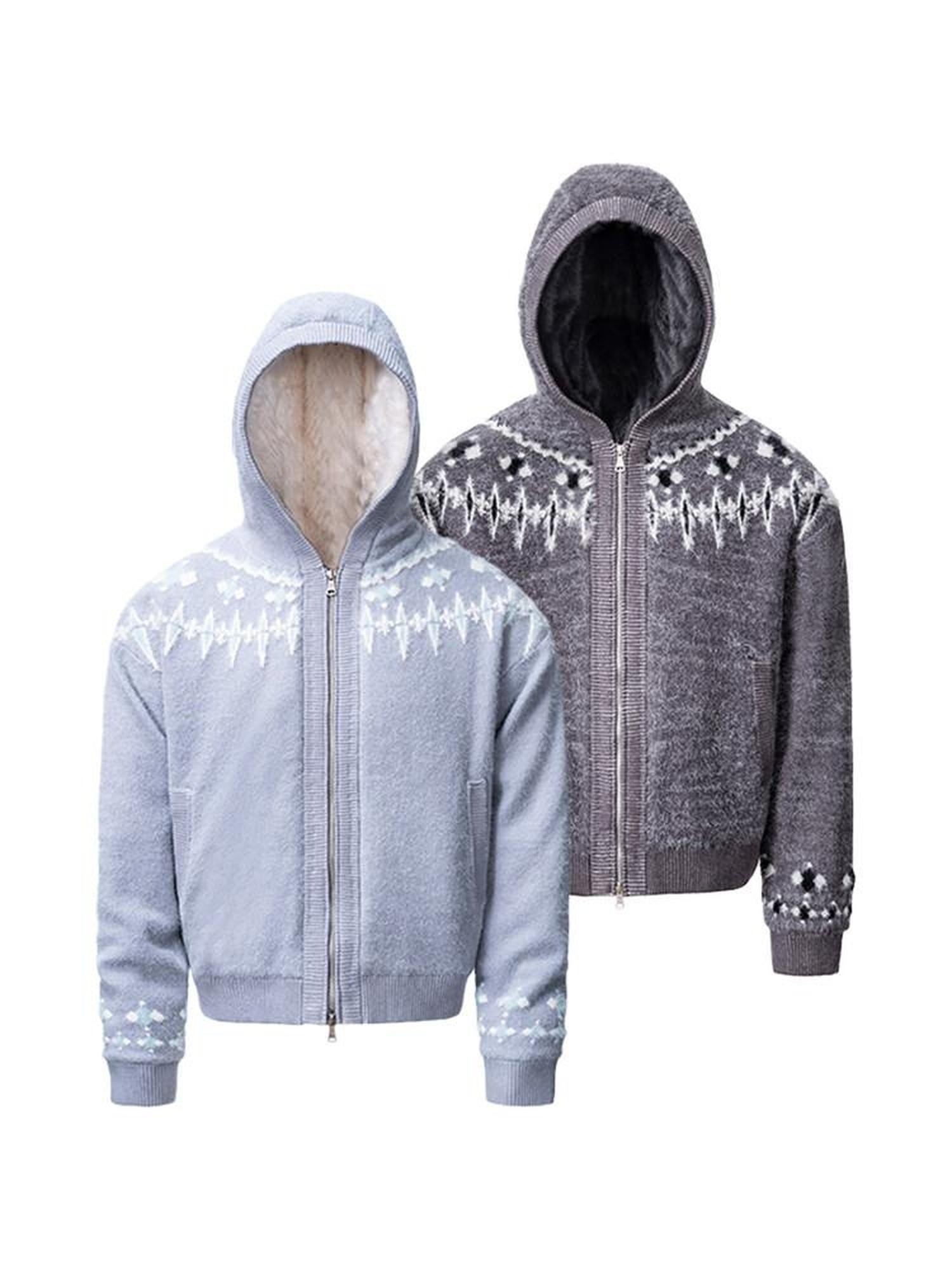 CATSSTAC Oversized Hooded Zip Up Floral Casual Mens Everyday Light Gray Knit Cardigans