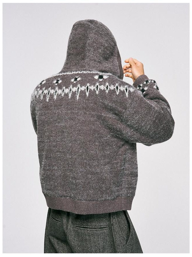 CATSSTAC Oversized Hooded Zip Up Floral Casual Mens Everyday Light Gray Knit Cardigans