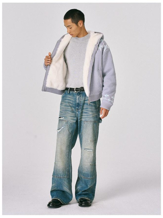 CATSSTAC Oversized Hooded Zip Up Floral Casual Mens Everyday Light Gray Knit Cardigans