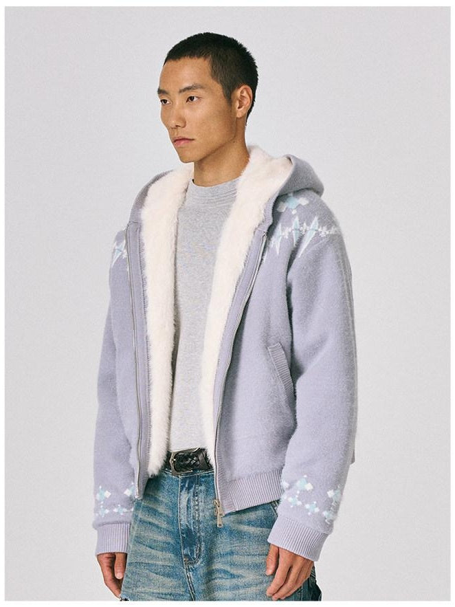 CATSSTAC Oversized Hooded Zip Up Floral Casual Mens Everyday Light Gray Knit Cardigans
