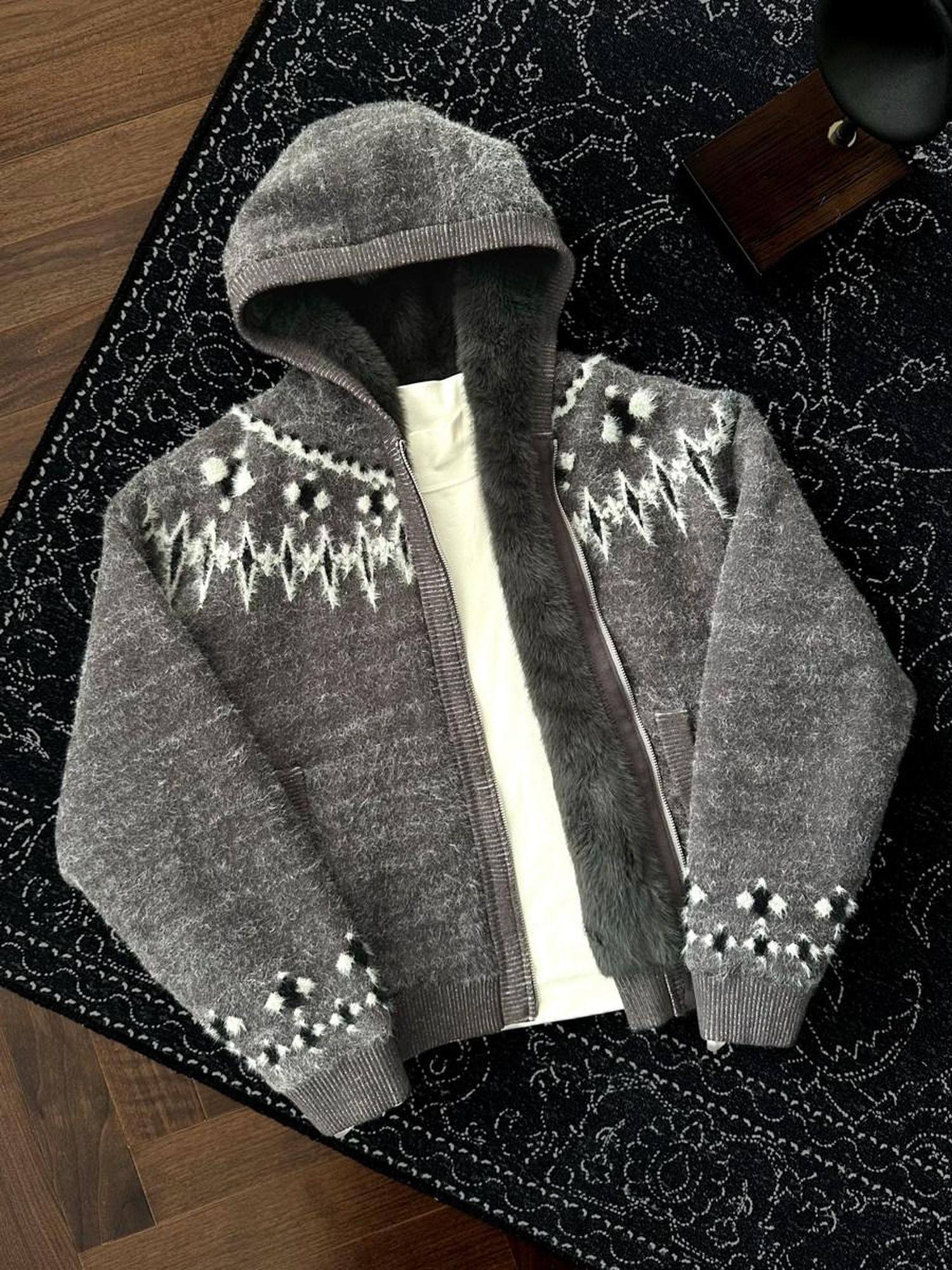 CATSSTAC Oversized Hooded Zip Up Floral Casual Mens Everyday Light Gray Knit Cardigans