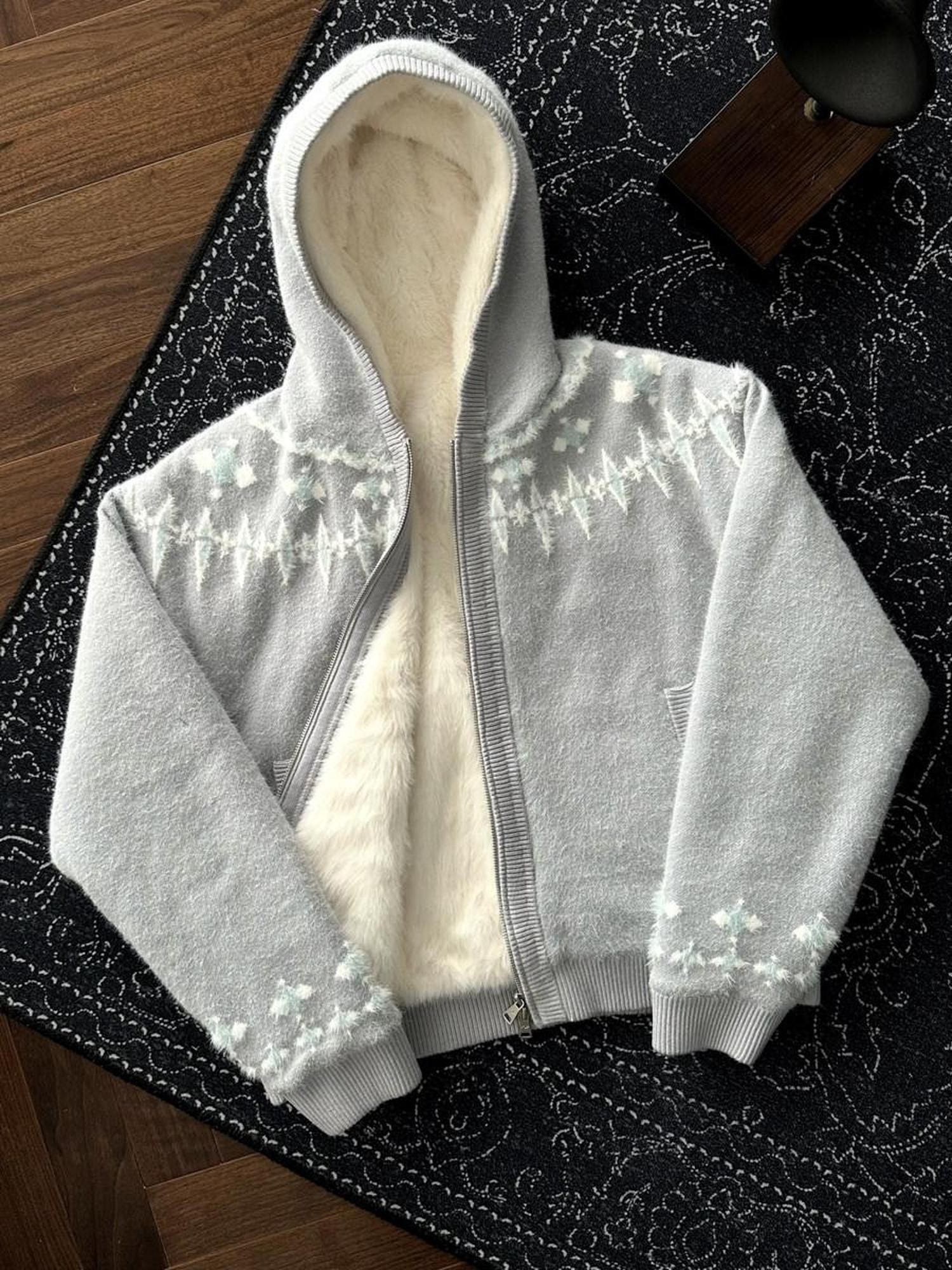 CATSSTAC Oversized Hooded Zip Up Floral Casual Mens Everyday Light Gray Knit Cardigans