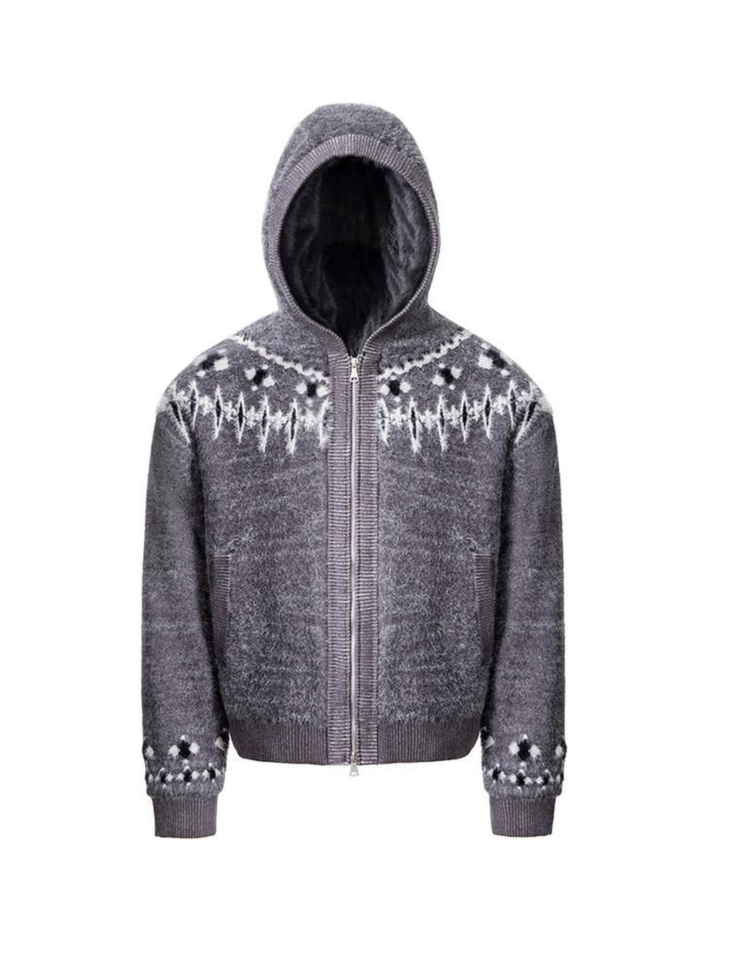 CATSSTAC Oversized Hooded Zip Up Floral Casual Mens Everyday Light Gray Knit Cardigans
