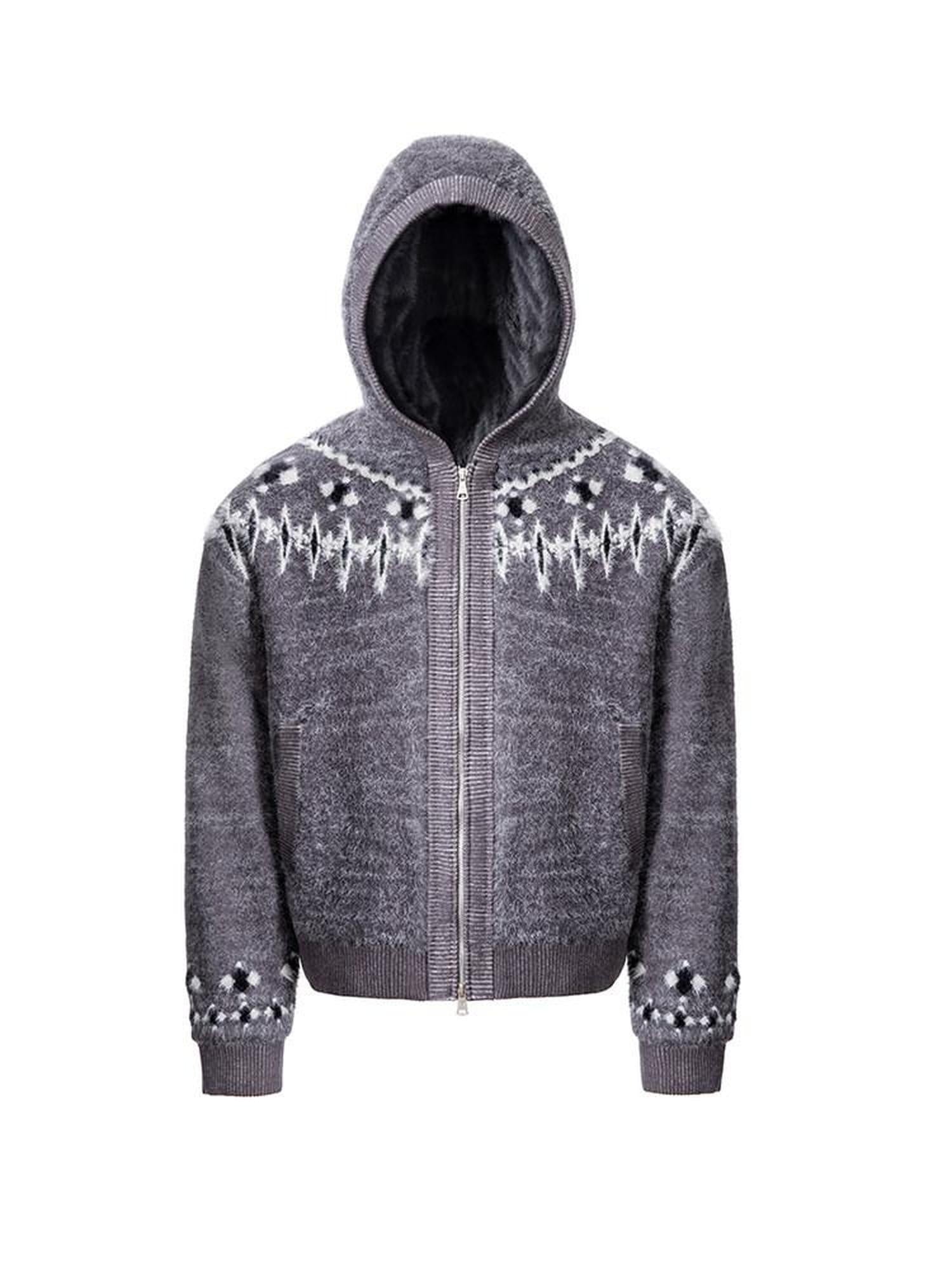 CATSSTAC Oversized Hooded Zip Up Floral Casual Mens Everyday Light Gray Knit Cardigans