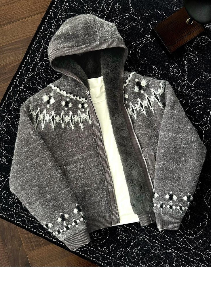 CATSSTAC Oversized Hooded Zip Up Floral Casual Mens Everyday Light Gray Knit Cardigans