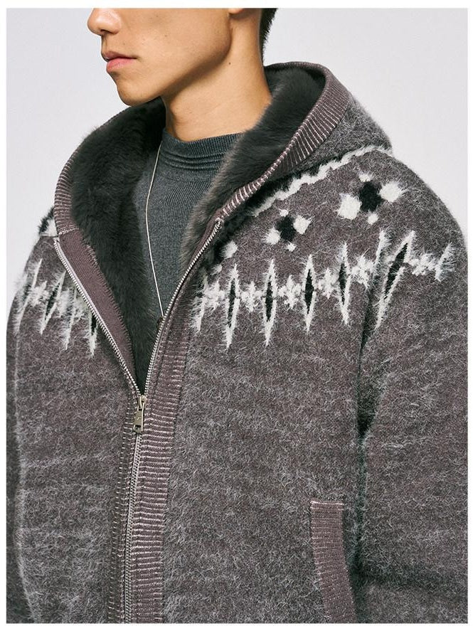 CATSSTAC Oversized Hooded Zip Up Floral Casual Mens Everyday Light Gray Knit Cardigans