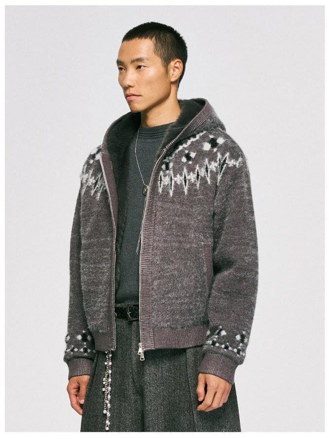 CATSSTAC Oversized Hooded Zip Up Floral Casual Mens Everyday Light Gray Knit Cardigans