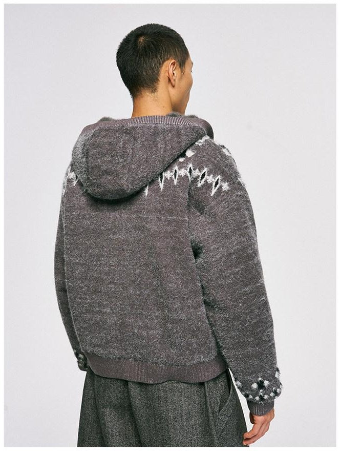CATSSTAC Oversized Hooded Zip Up Floral Casual Mens Everyday Light Gray Knit Cardigans