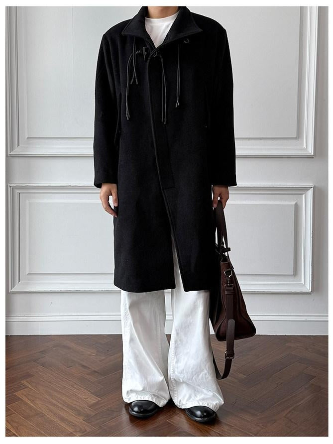 CATSSTAC Oversized Stand Collar Long Single Breasted Chinese Style Youth Black Wool Coats