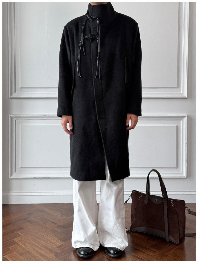 CATSSTAC Oversized Stand Collar Long Single Breasted Chinese Style Youth Black Wool Coats
