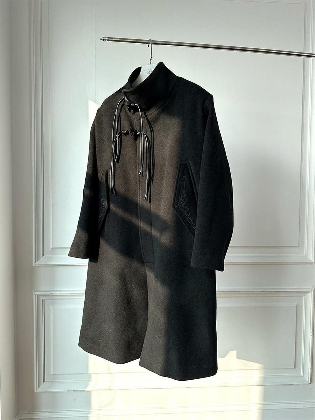 CATSSTAC Oversized Stand Collar Long Single Breasted Chinese Style Youth Black Wool Coats