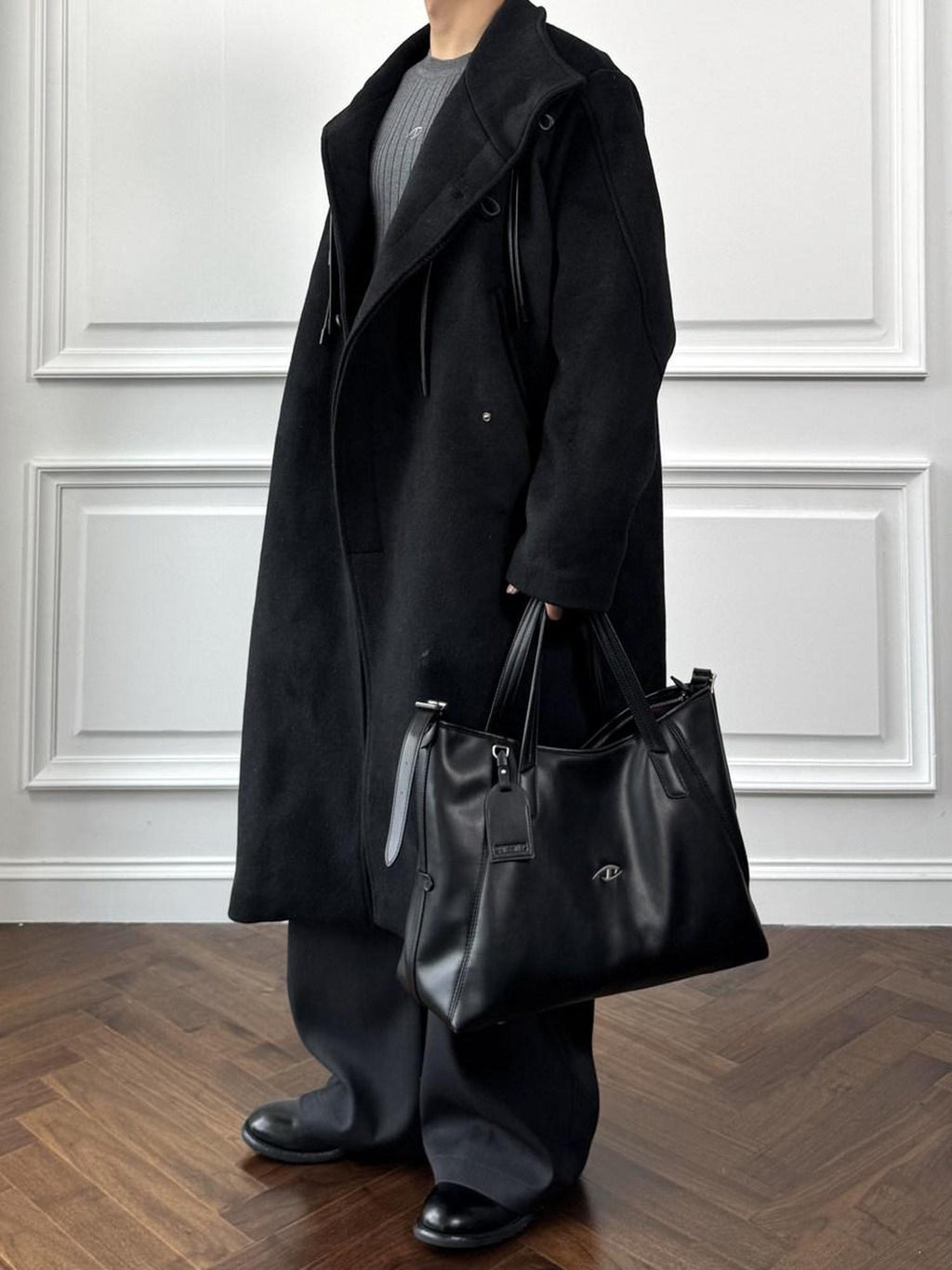 CATSSTAC Oversized Stand Collar Long Single Breasted Chinese Style Youth Black Wool Coats