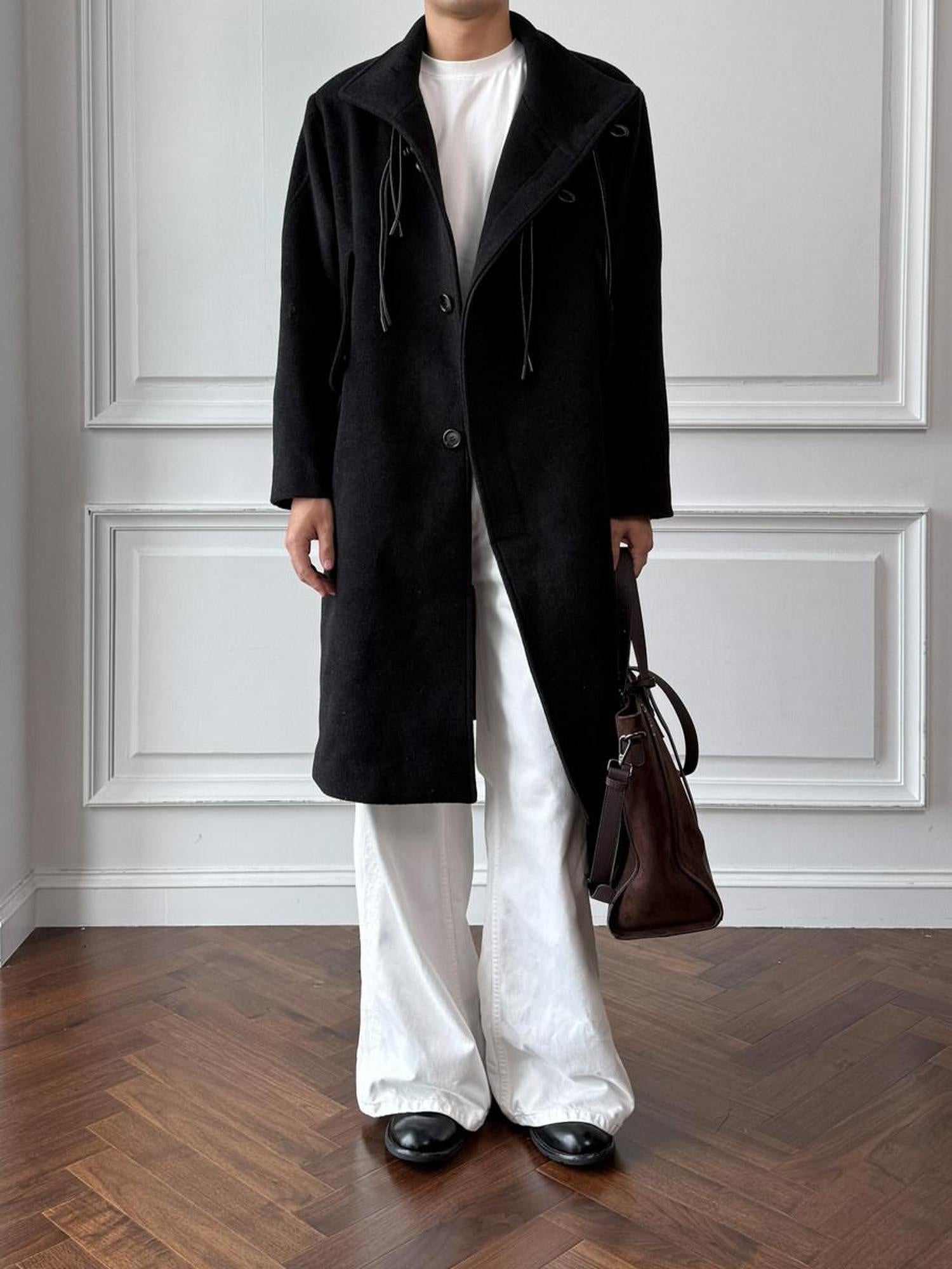 CATSSTAC Oversized Stand Collar Long Single Breasted Chinese Style Youth Black Wool Coats