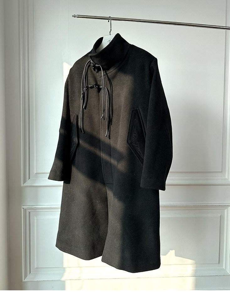 CATSSTAC Oversized Stand Collar Long Single Breasted Chinese Style Youth Black Wool Coats